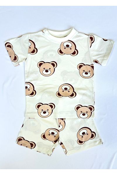 Drop Kids Costum de pijama pentru copii Pantaloni scurti de coloană Cafea cu lapte Model ursuleț 100% bumbac