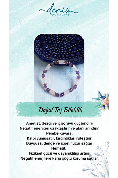 Deniz Doğal Taş Sertifikalı Ametist, Pembe Kuvars ve Hematit Doğal Taş Bileklik