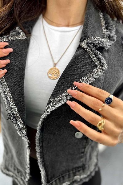 SAGİ JEANS Women's Denim Jacket with Tassels and Rows of Stones