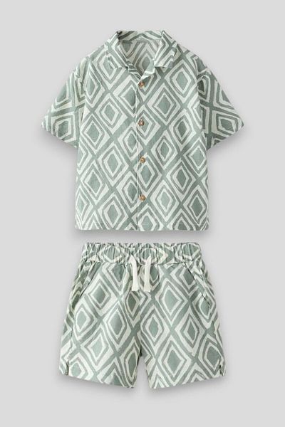 Magu Boys' Cotton Geometric Patterned Shorts Shirt Suit – Summer Relaxed Fit