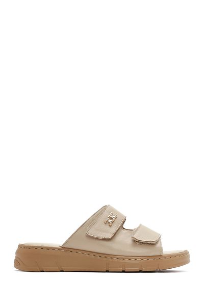 Derimod Women's Beige Double Banded Leather Comfort Slippers 25Sfd341218