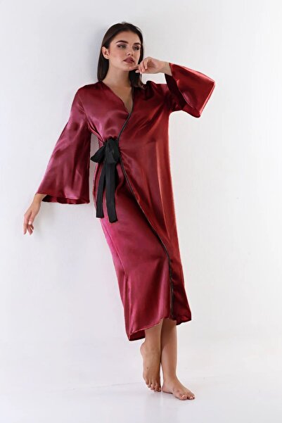 Laperissa ثوب نوم نسائي منسوج من الساتان باللون العنابي مع حزام أسود ملابس من...