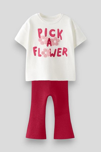 Magu Girl's Cotton T-Shirt and Leggings Set - Floral Slogan Detailed