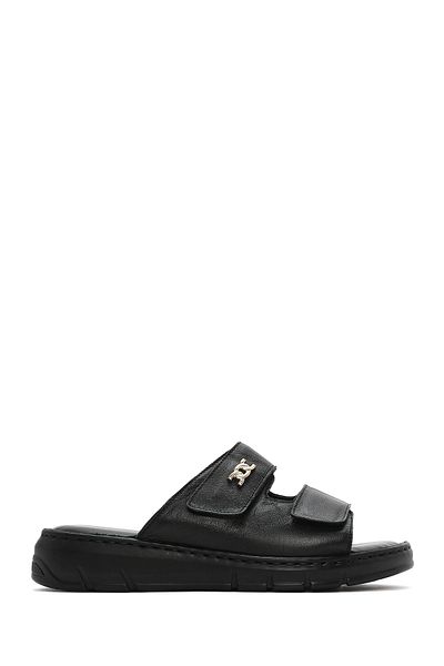 Derimod Women's Black Double Banded Leather Comfort Slippers 25Sfd341218