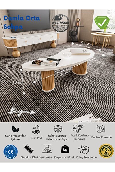 BebeK on For Weltwood Orta Damla Sehpa – 2 Kat 36 Mm Tabla, Beyaz, 118x64 Cm, Dayanıklı %100 Mdf Ve Kayın Ağacı