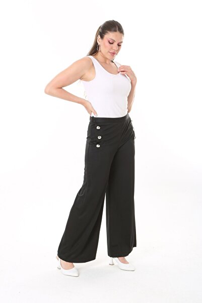 Şans Γυναικείο μεγάλου μεγέθους μαύρο διακοσμητικό μεταλλικό παντελόνι χωρίς τσέπη 65N37817