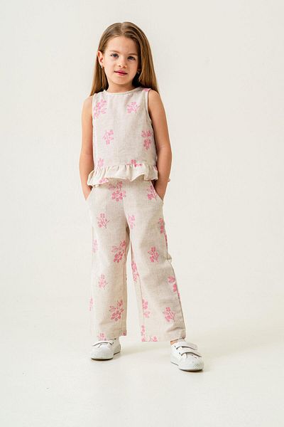 Magu Girl's Ecru Floral Patterned Poplin Linen Blouse and Pants Set