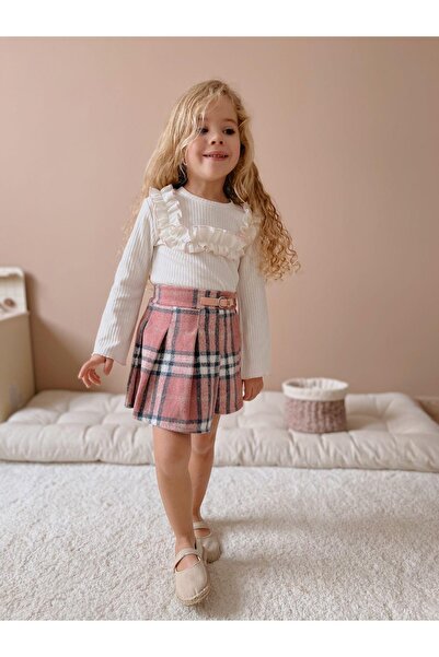 Magu Girl's White Cotton Bodysuit Plaid Shorts Skirt Bottom-Top Set