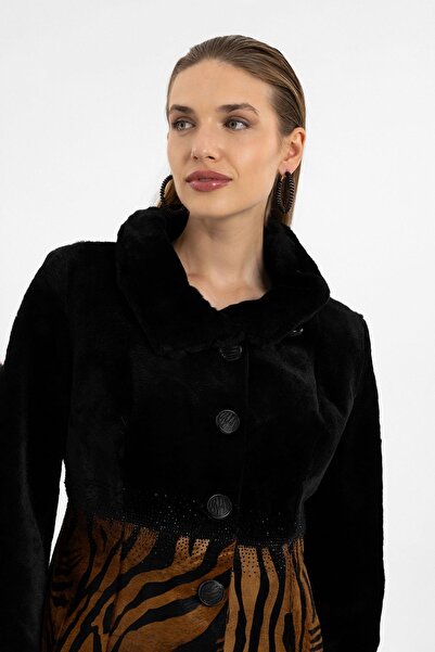 Deriderim Jade Siyah ve Leopar Desenli Kadın Hakiki Deri Kaban