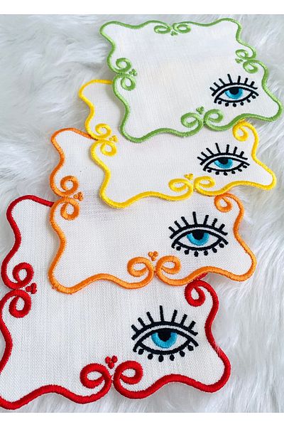 Mora Tekstil Eye Embroidered Coffee Coaster, Mixed Color Presentation Napkin, Coffee Glass Coaster, 4-Piece Cocktail Napkin