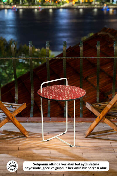 NY Tasarım Marin Desenli Kırmızı Renkli Iç Ve Dış Mekan (BAHÇE, KAMP, PİKNİK, HAVUZ KENARI, TEKNE) Yan Sehpa