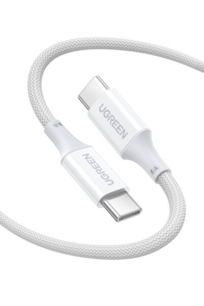 Ugreen USB-C 100W 3A QC PD Silikon Örgülü Hızlı Şarj Kablosu, 1 Metre, Beyaz, 15267