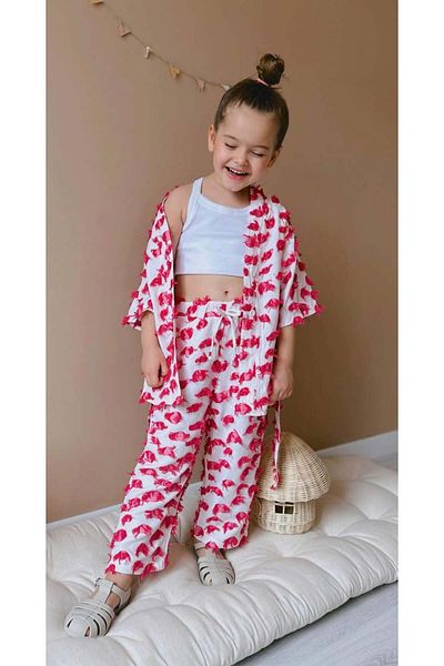 Magu Girl's Cotton White Tassel Detailed Kimono and Pants Set