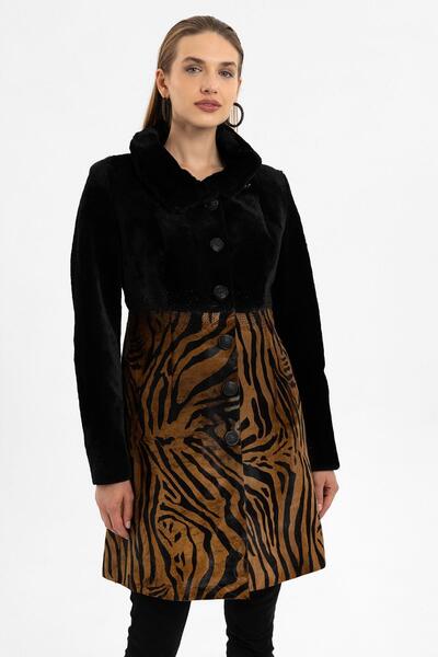 Deriderim Jade Siyah ve Leopar Desenli Kadın Hakiki Deri Kaban