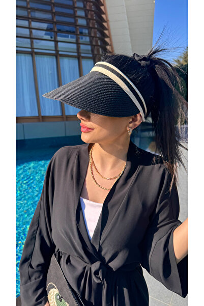 Luminos Butik Siyah Güneş Koruyucu Ithal Şeritli Hasır Vizör Şapka Kutulu Gönderim Hsr2000