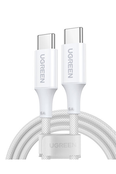 Ugreen USB-C 100W 3A QC PD Silikon Örgülü Hızlı Şarj Kablosu, 1 Metre, Beyaz, 15267