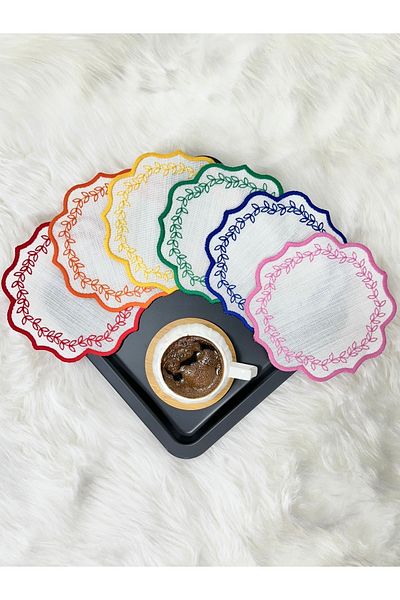 Mora Tekstil Leaf Embroidered Coffee Coaster, Presentation Napkin, Coffee Side Napkin, 6-Piece Cocktail Napkin, Coaster