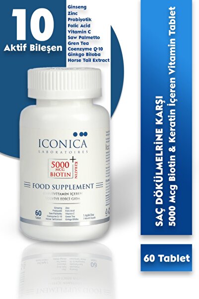 ICONICA Saç Dökülmesine Karşı 5000 Mcg Biotın & Keratin Içeren Vitamin Tablet...