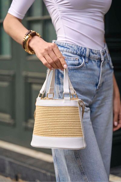 Madamra White Straw Women's Bohemian Style Bucket Hand and Shoulder Bag Summer-Daily
