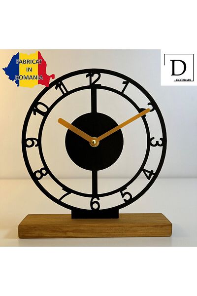 OEM Decorative clock "Classic Reimagined" with natural wood base, 22.5 cm, black, 3D printed