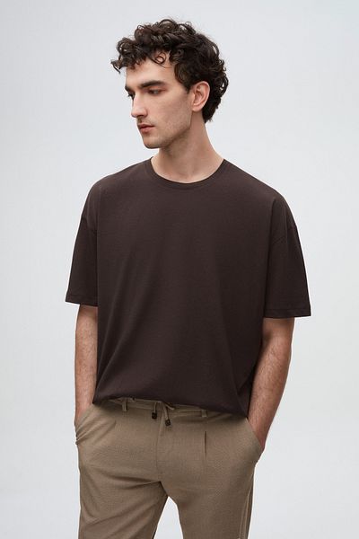D'S Damat Μπλουζάκι Oversize καφέ Crew Neck 100% βαμβάκι