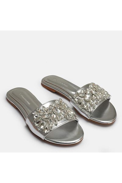 37Numara Large Size Women's Slippers with Stone 41-42-43-44-Silver