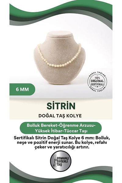 OSMANLI DEĞERLİ TAŞ قلادة من حجر السترين الطبيعي المعتمد 6 مم، M592