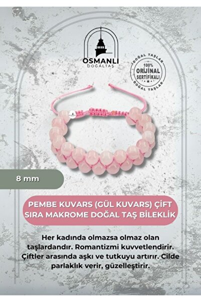 OSMANLI DOĞAL TAŞ Pembe Kuvars (gül Kuvars) 8mm Çift Sıra Makrome Doğal Taş B...