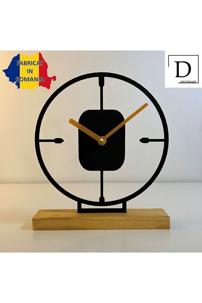 OEM Decorative clock "Contur Timp" with natural wooden base, 23 cm, black, 3D printed