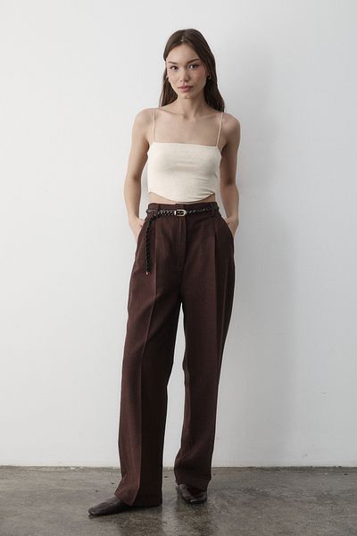 JASTE Women's Brown Linen Knitted Belted Elastic Waist High Waist Palazzo Trousers