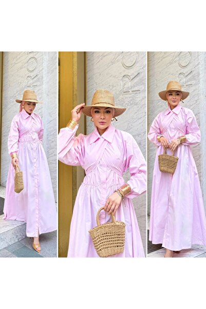 Butik Full Düğme Kapama Belden Kuşaklı Şık Elbise