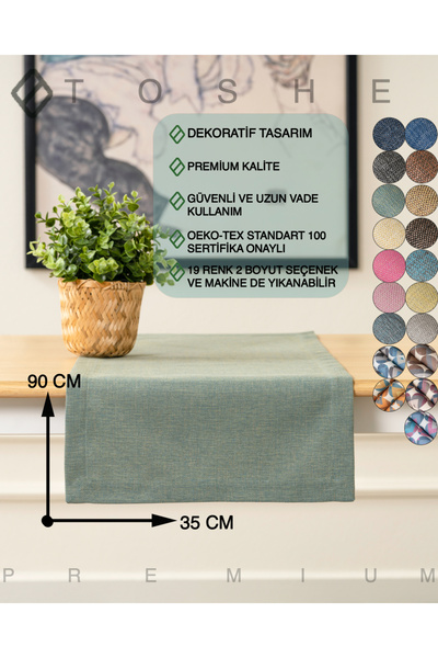 TOSHE 35 X 90 Su Yeşili Keten Dokuma Runner, Dekoratif Runner, Düz Runner, Ru...