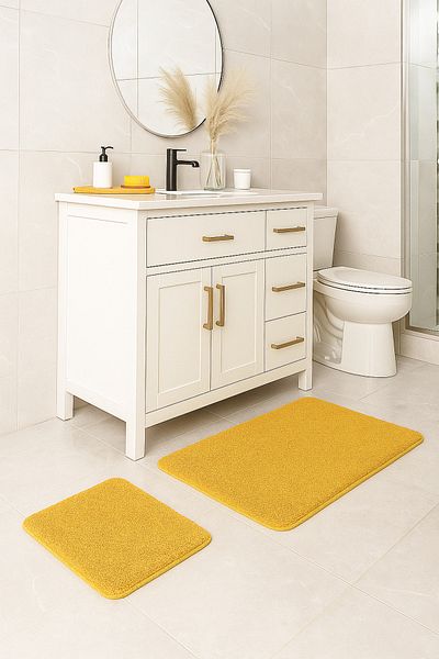 EUROBANO Bază naturală anti-alunecare Lavabilă Shaggy Galben Muștar Set de 2 Covorașe de baie 1 Buc 60x100 1 Buc 60x50