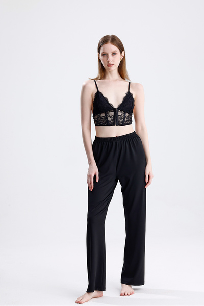 Laperissa Γυναικείο μαύρο πλεκτό σετ πιτζάμες με δαντελένια λουράκια, κομψό κ...