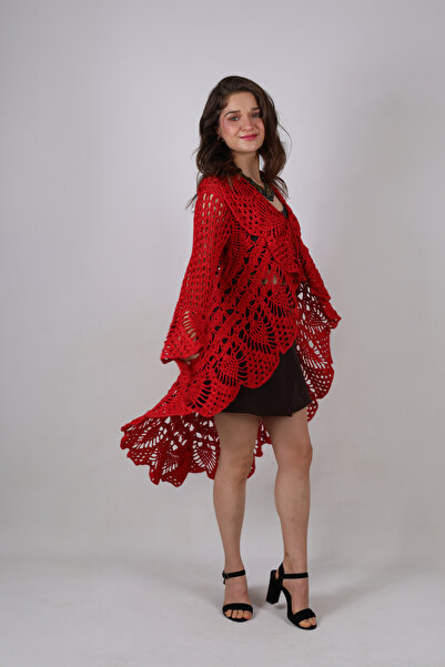 Hippybutik Kırmızı Viskon Koton Tığ Dokuma Dantel El İşi Volan Yakalı Romanti...