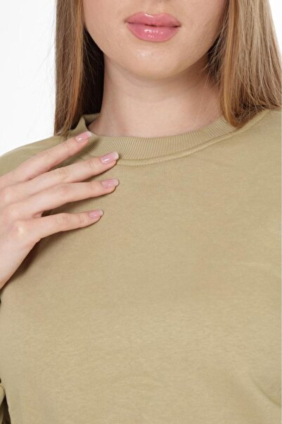 Tight Lady Light Khaki 100% Cotton Printed Women's Basic Crop crew neck long sleeve sweatshirt