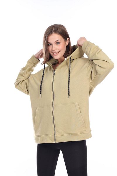Tight Lady 100% bumbac, ultra calitate, supradimensionat, pentru femei, kaki militar, cu glugă, cu fermoar, cu buzunar cangur