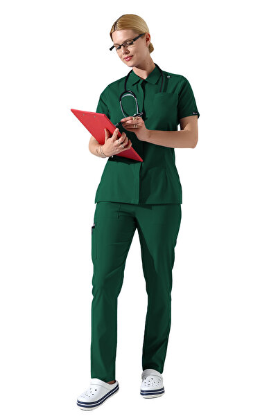 BEDUCA طقم ممرضات بولو من الليكرا باللون الأخضر مع أزرار كبس، زي موحد لصالونا...