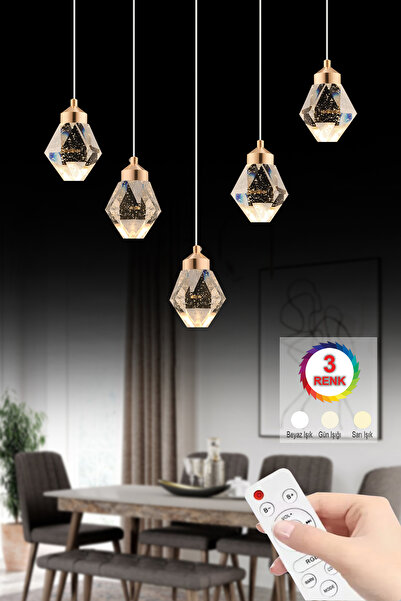 İstanbul Avize İstanbul Avize Kabarcıklı Liya Yemek Masası 5'li Gold Kumandalı 3 Renk Ledli Modern Led Avize