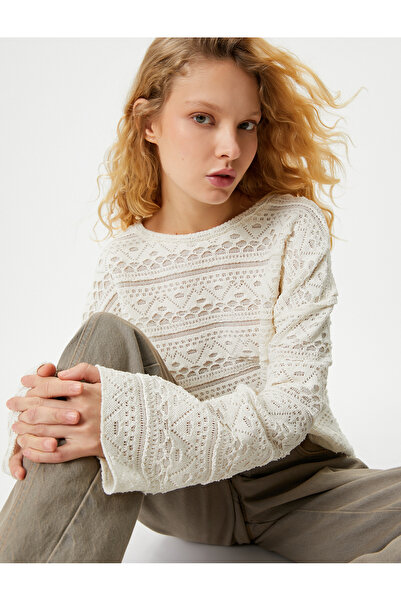 Koton Tricou cu mânecă lungă, cu gât crew, slim fit, brodat texturat