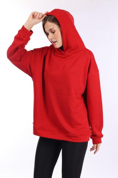 Tight Lady 100% Cotton Women's Soft Textured Red Basic 3 thread oversize hooded sweatshirt
