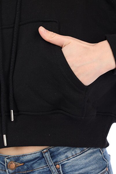 Tight Lady Висококачествена 100% памучна 3-слойна дамска черна качулка с кенгуру джоб и шнур за стягане, къса блуза