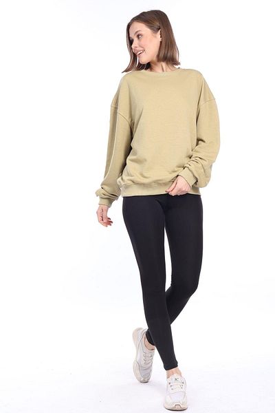 Tight Lady Women's 100% Cotton Unripped Military Khaki 3 Thread Basic Oversize Crew Neck Long Sleeve Sweatshirt
