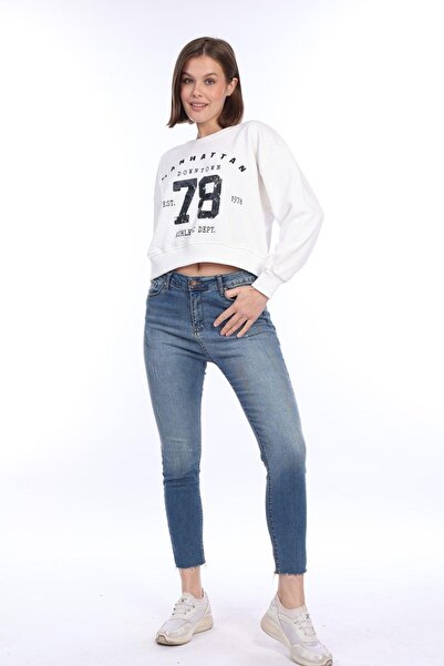 Tight Lady Women's 100% Cotton Printed Ecru Ultra Quality Diagonal Without Raising 3 Thread Crew Neck Basic Sweatshirt