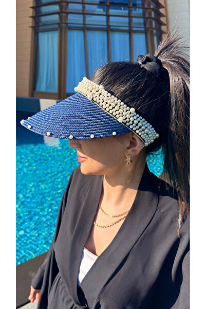Luminos Butik Синя перлина Детальна стильна солом'яна капелюх з козирком Овальний дизайн Літній аксесуар HSR2086