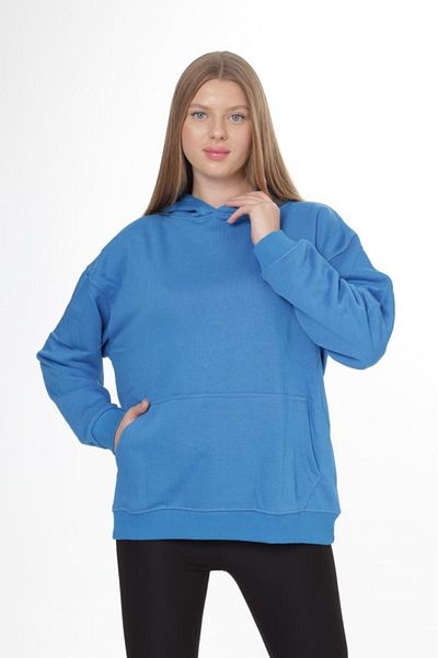 Tight Lady 100% bumbac pentru femei Soft Blue Basic 3 fire oversize cu glugă hanorac cu buzunar cangur