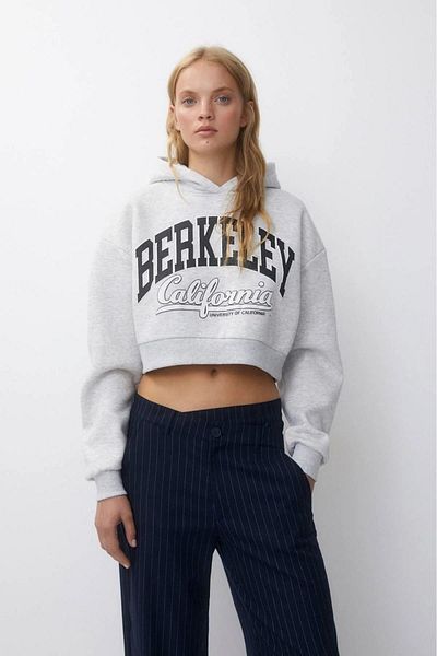 Tight Lady Hanorac crop cu glugă, 100% bumbac, premium pentru femei, cu imprimeu gri Melange