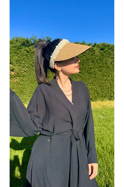 Luminos Butik Camel İnci Detaylı Şık Hasır Vizör Şapka Oval Tasarım Yaz Aksesuarı HSR2086