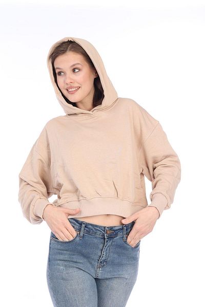 Tight Lady 100% cotton Premium Women's Beige Hooded crop sweatshirt
