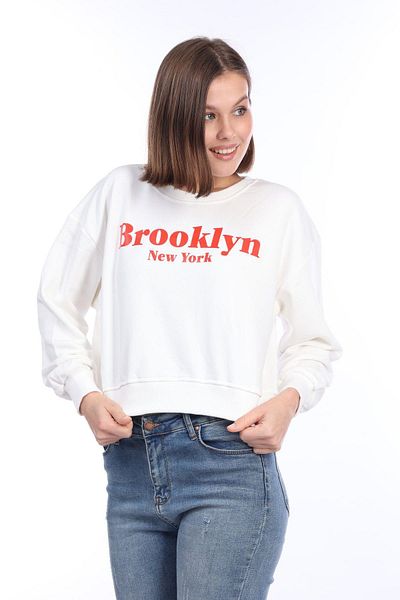 Tight Lady Women's 100% Cotton Printed Ecru Ultra Quality Diagonal Without Raising 3 Thread Crew Neck Basic Sweatshirt